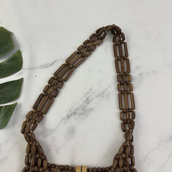 Vintage Wood Beaded Shoulder Bag Purse Brown Boho Tropical Small Festival - Picture 2 of 6